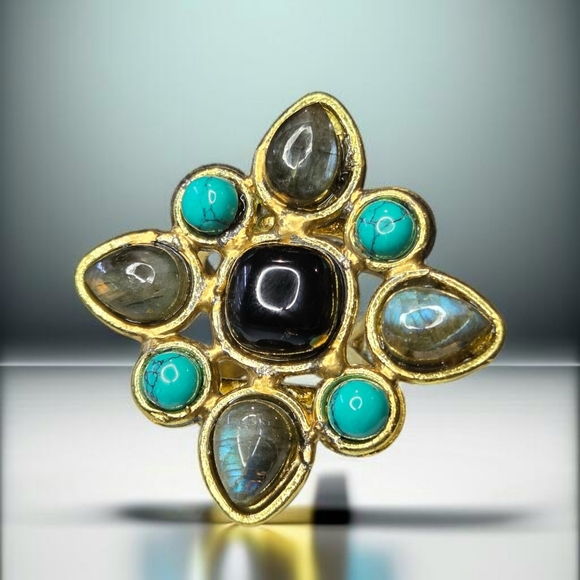 Designer Jewelry - 18k Gold Plated Maltese Cross Genuine Turquoise Labradorite Onyx Gemstone Ring